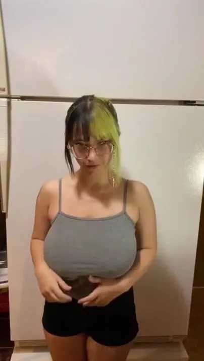 Two-tone hair girl BigTittyGothEgg with glasses squeezes Big Natural Tits and shows cunt