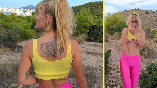 Risky OUTDOOR Masturbation & Squirt. Perfect Ass in Pink Spandex Leggings