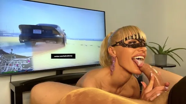 Beautiful Amateur Blonde can't Stop Gagging on my Dick while I Play GTA Online