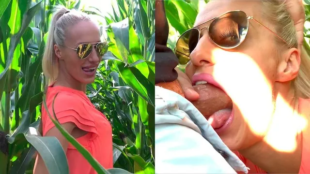 Blonde babe in a sexy dress and sunglasses gets facefucked in cornfield