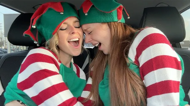 Nadia Foxx & Serenity Cox as Horny Elves cumming in drive thru with remote controlled vibrators
