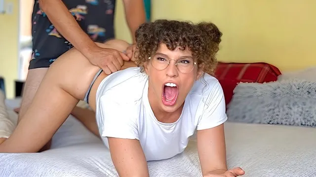 Nerdy glasses-wearing stepmom gets her curly hair pulled while getting drilled hard and rough