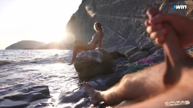 Caught jerking off on nudist beach: stranger helps me cum with his big tits