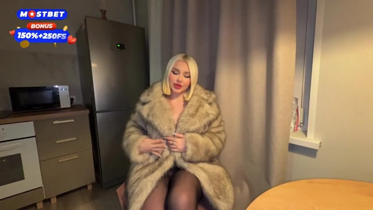 Blonde stepmom in a furry coat seduces her petite Russian stepson into hot sex